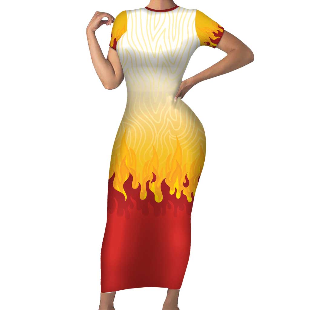 Japanese Kaen Pattern Short Sleeve Bodycon Dress Flame Pillar Blazing Lion Heart - Wonder Print Shop