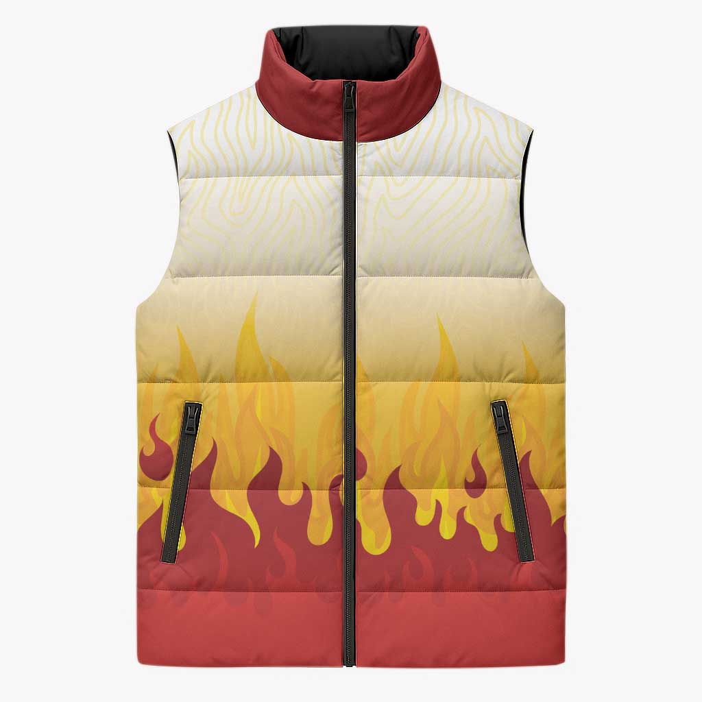 Japanese Kaen Pattern Sleeveless Puffer Jacket Flame Pillar Blazing Lion Heart - Wonder Print Shop