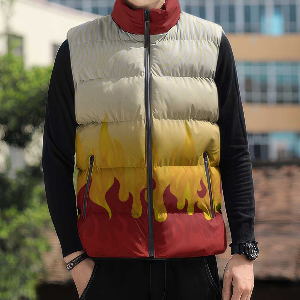 Japanese Kaen Pattern Sleeveless Puffer Jacket Flame Pillar Blazing Lion Heart - Wonder Print Shop