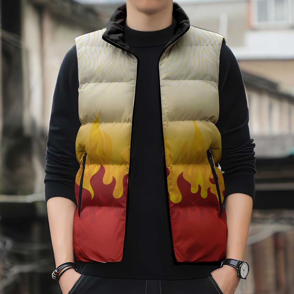 Japanese Kaen Pattern Sleeveless Puffer Jacket Flame Pillar Blazing Lion Heart - Wonder Print Shop
