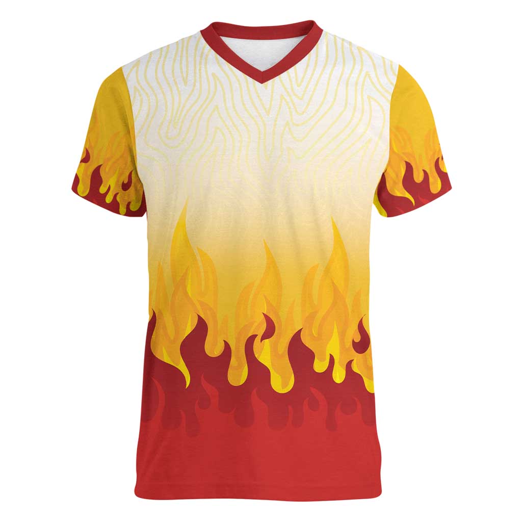 Japanese Kaen Pattern Women V-Neck T-Shirt Flame Pillar Blazing Lion Heart - Wonder Print Shop