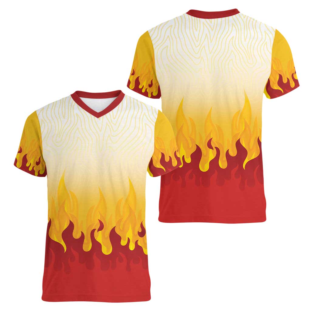 Japanese Kaen Pattern Women V-Neck T-Shirt Flame Pillar Blazing Lion Heart - Wonder Print Shop