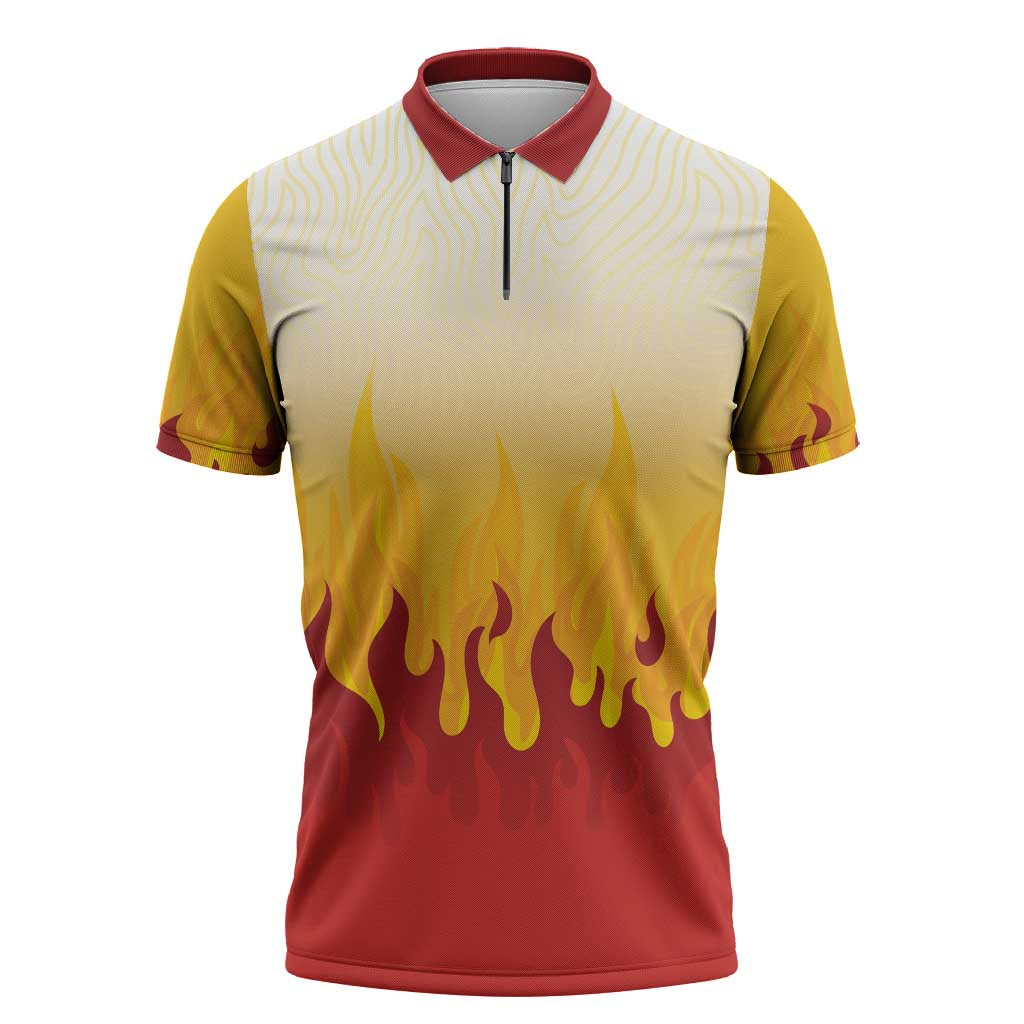 Japanese Kaen Pattern Zipper Polo Shirt Flame Pillar Blazing Lion Heart - Wonder Print Shop