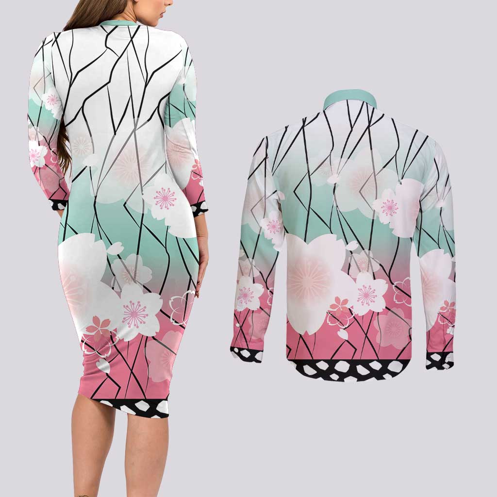 Japanese Kocho Pattern Couples Matching Long Sleeve Bodycon Dress and Long Sleeve Button Shirt Insect Pillar Butterfly Flower Fairy - Wonder Print Shop