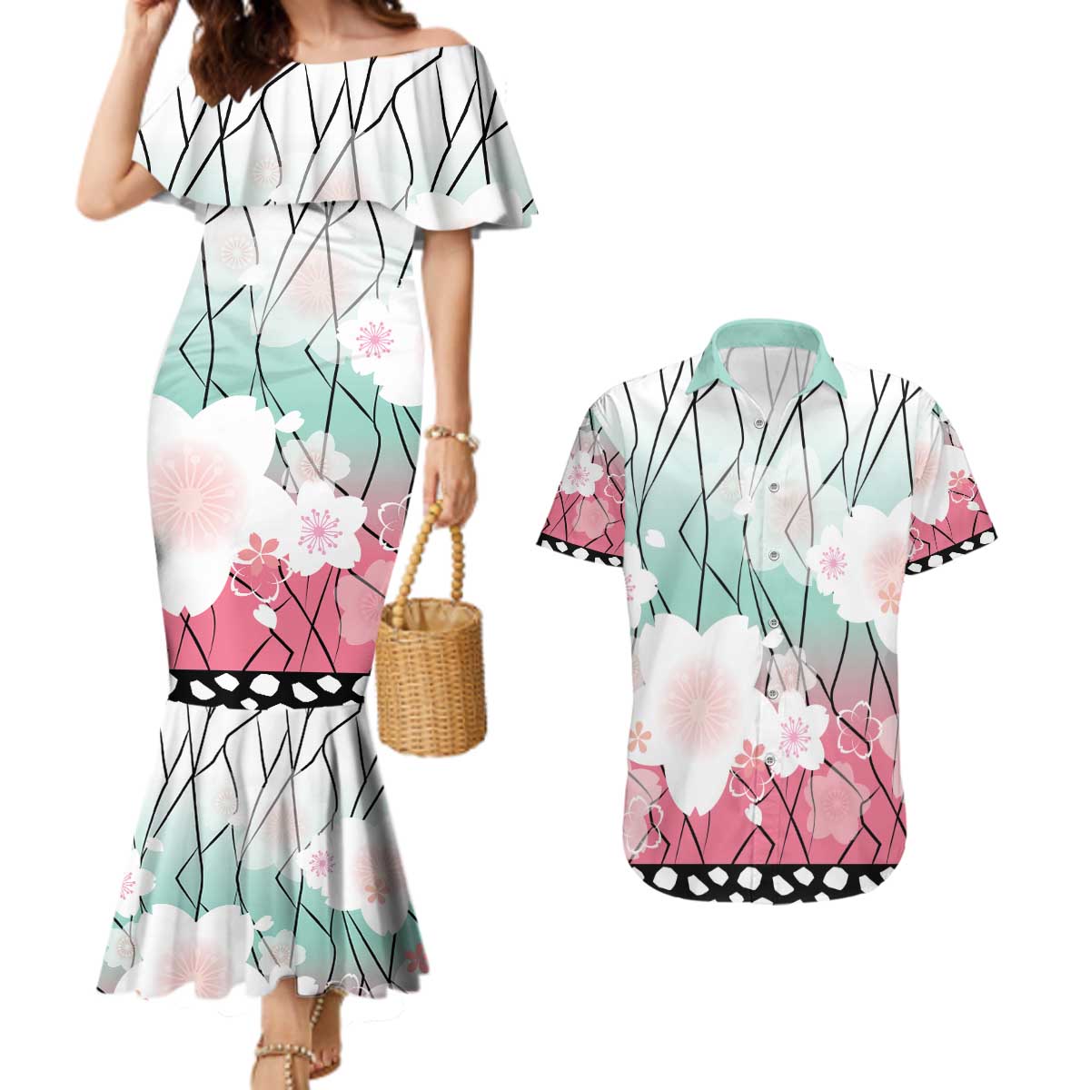 Japanese Kocho Pattern Couples Matching Mermaid Dress and Hawaiian Shirt Insect Pillar Butterfly Flower Fairy - Wonder Print Shop