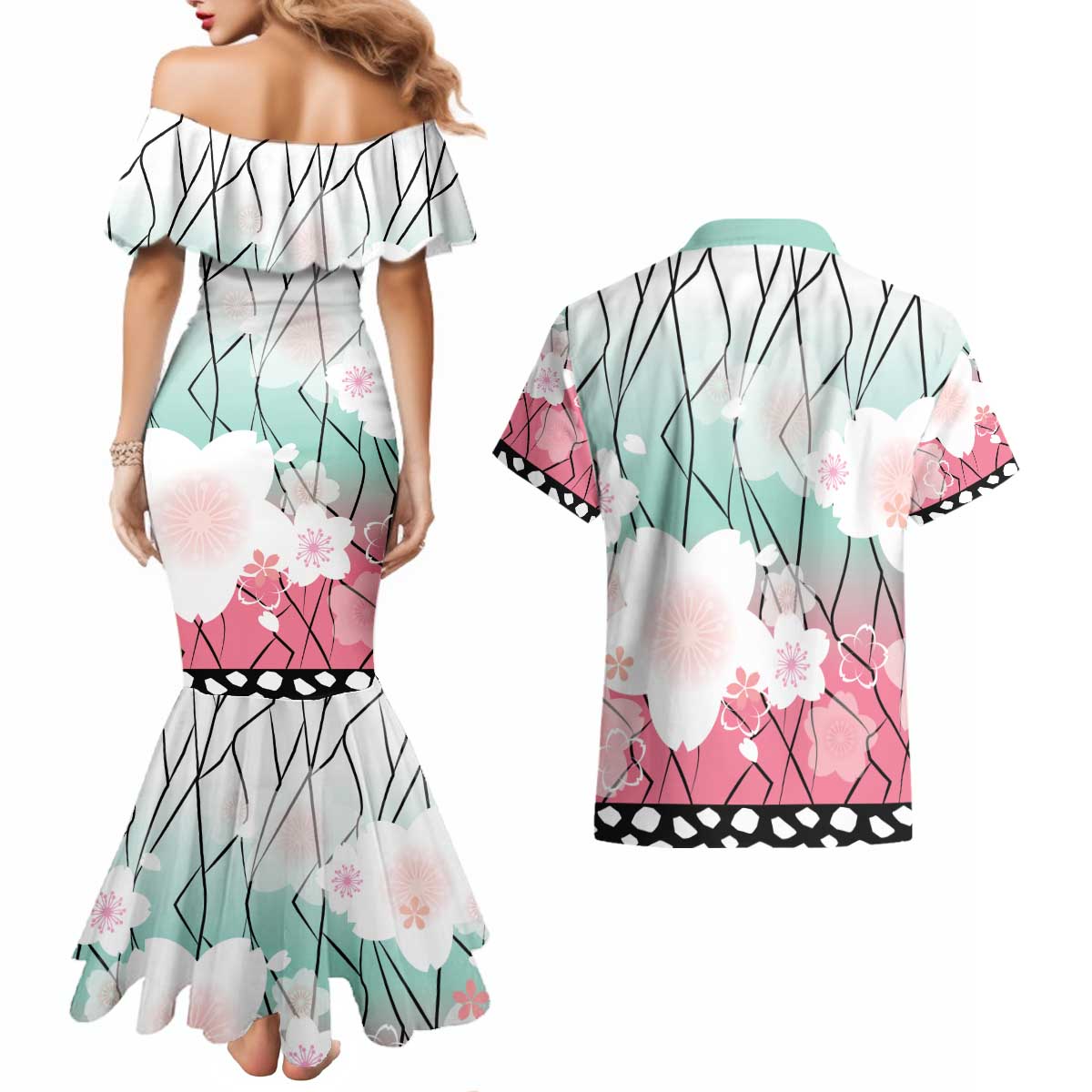 Japanese Kocho Pattern Couples Matching Mermaid Dress and Hawaiian Shirt Insect Pillar Butterfly Flower Fairy - Wonder Print Shop