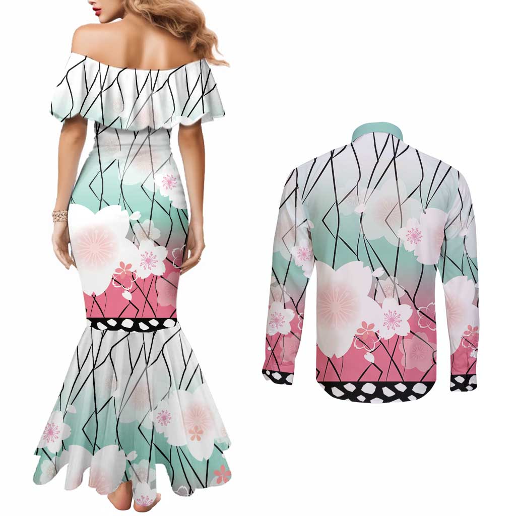 Japanese Kocho Pattern Couples Matching Mermaid Dress and Long Sleeve Button Shirt Insect Pillar Butterfly Flower Fairy - Wonder Print Shop