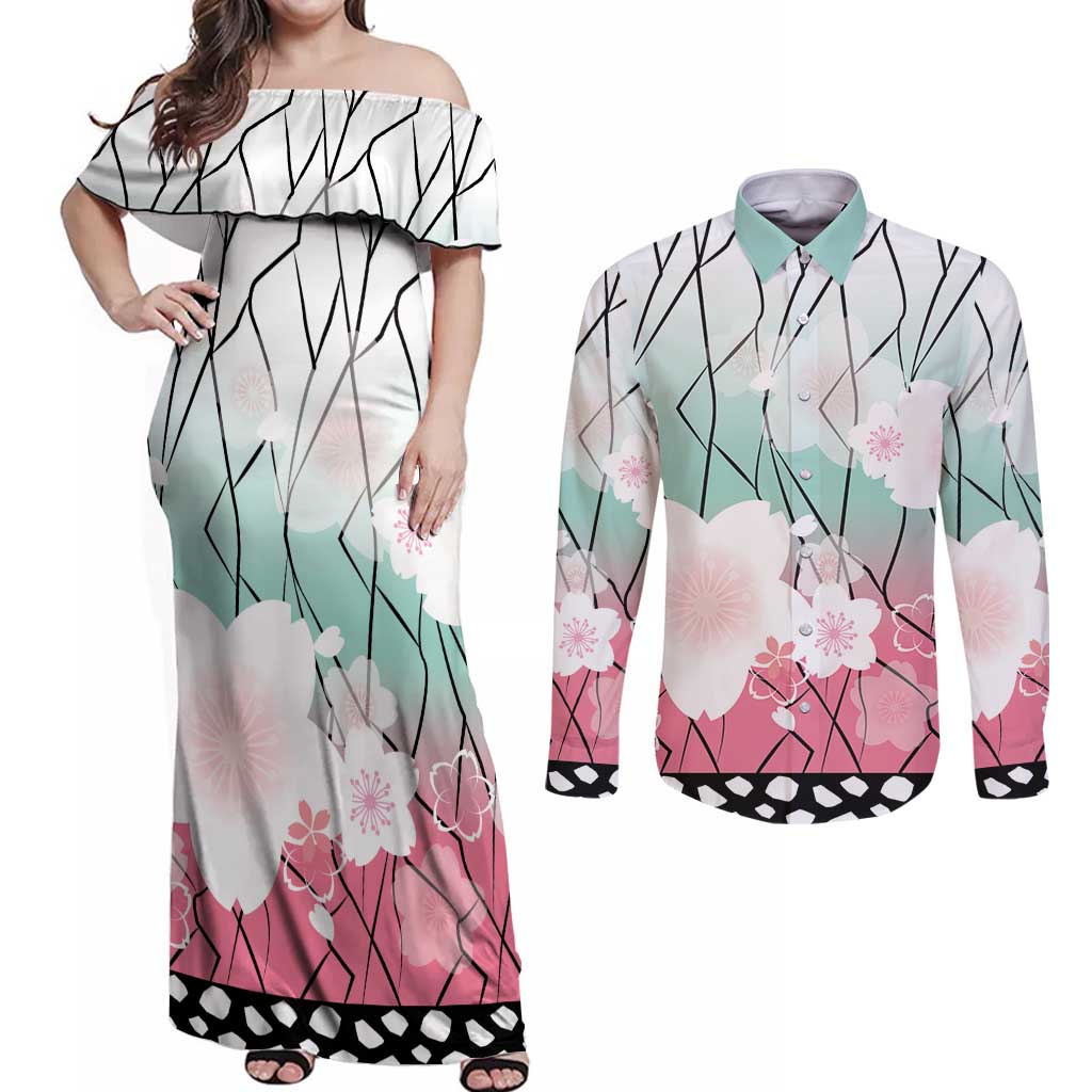 Japanese Kocho Pattern Couples Matching Off Shoulder Maxi Dress and Long Sleeve Button Shirt Insect Pillar Butterfly Flower Fairy - Wonder Print Shop