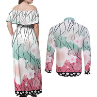 Japanese Kocho Pattern Couples Matching Off Shoulder Maxi Dress and Long Sleeve Button Shirt Insect Pillar Butterfly Flower Fairy - Wonder Print Shop