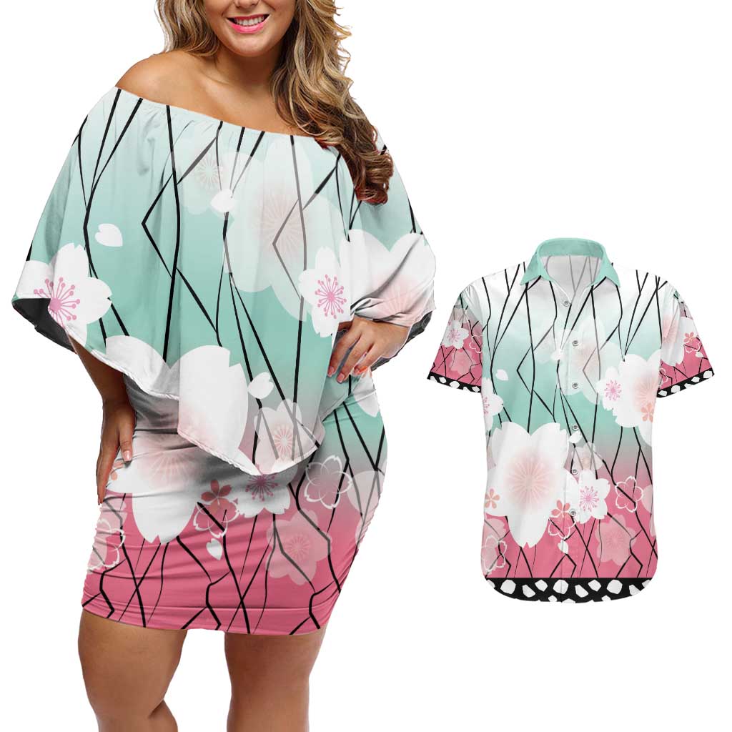 Japanese Kocho Pattern Couples Matching Off Shoulder Short Dress and Hawaiian Shirt Insect Pillar Butterfly Flower Fairy - Wonder Print Shop