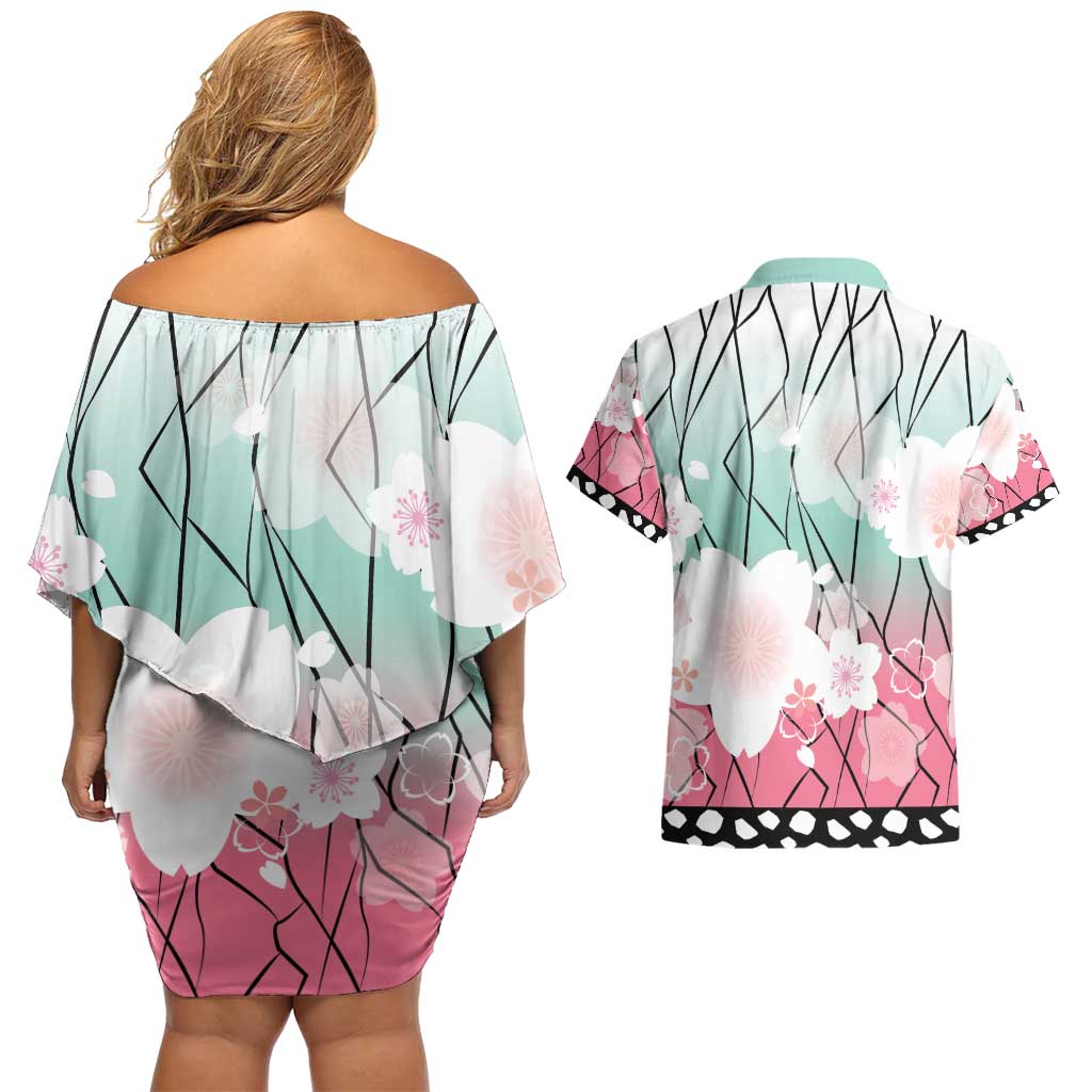 Japanese Kocho Pattern Couples Matching Off Shoulder Short Dress and Hawaiian Shirt Insect Pillar Butterfly Flower Fairy - Wonder Print Shop