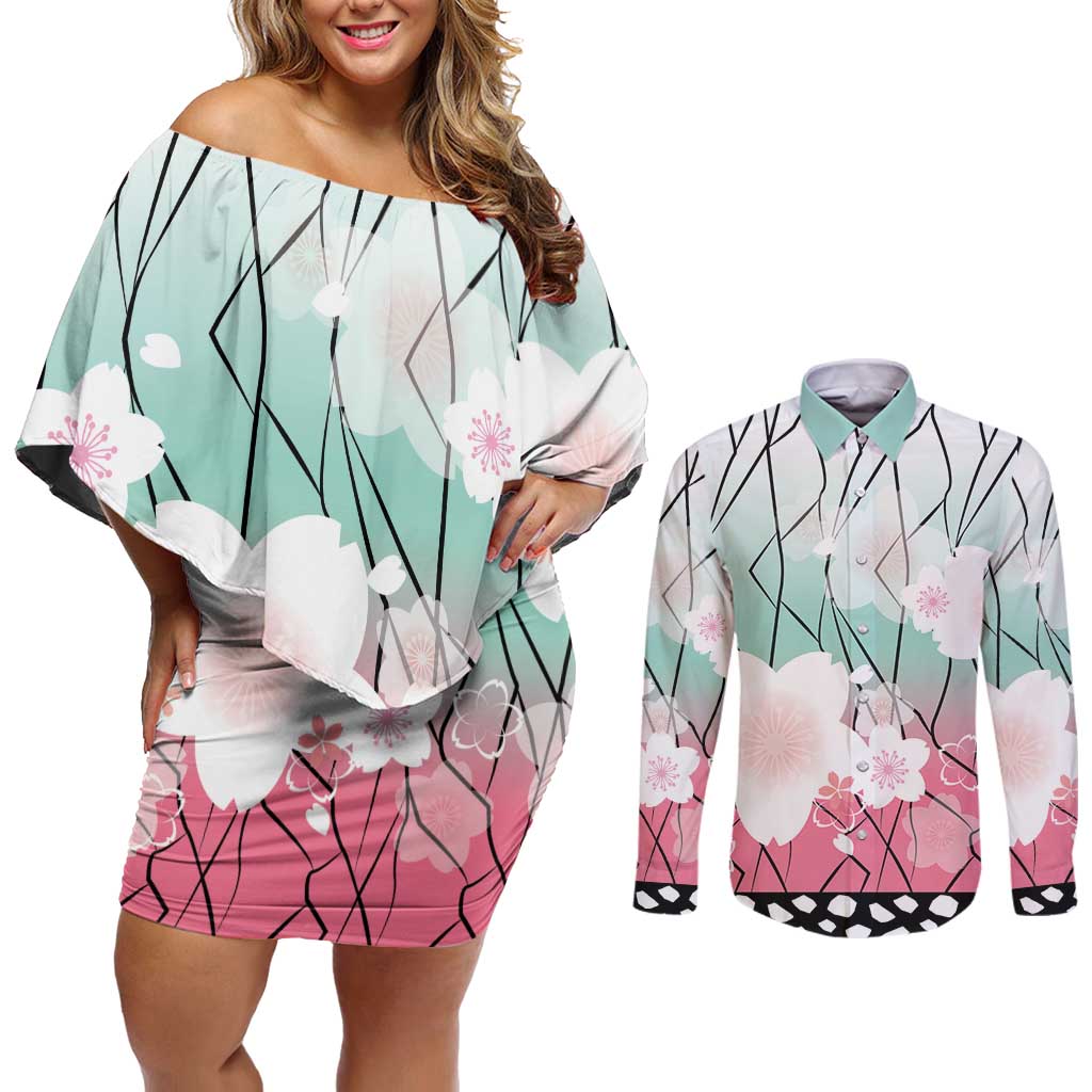 Japanese Kocho Pattern Couples Matching Off Shoulder Short Dress and Long Sleeve Button Shirt Insect Pillar Butterfly Flower Fairy - Wonder Print Shop