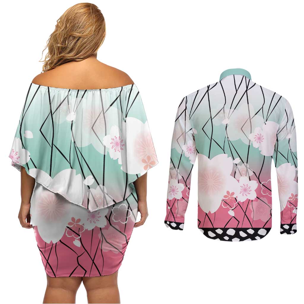 Japanese Kocho Pattern Couples Matching Off Shoulder Short Dress and Long Sleeve Button Shirt Insect Pillar Butterfly Flower Fairy - Wonder Print Shop