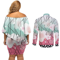 Japanese Kocho Pattern Couples Matching Off Shoulder Short Dress and Long Sleeve Button Shirt Insect Pillar Butterfly Flower Fairy - Wonder Print Shop