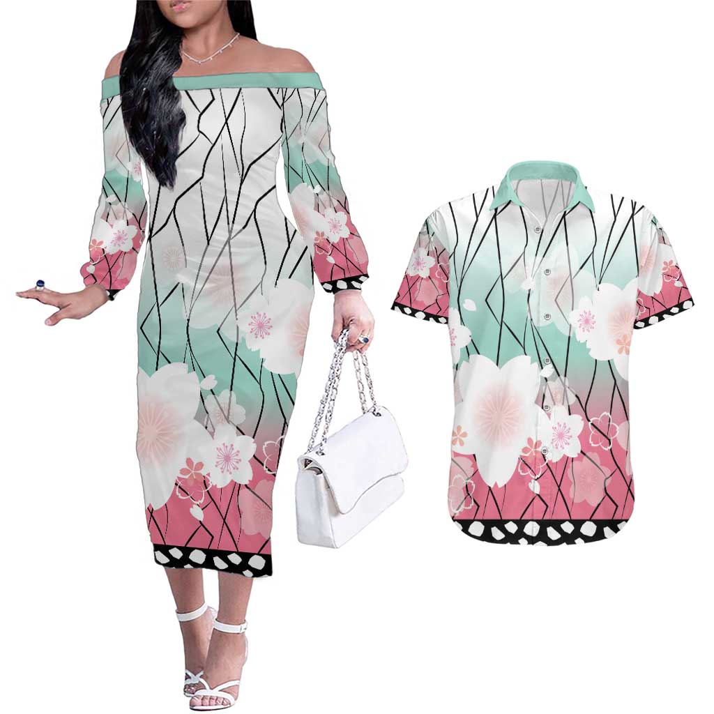 Japanese Kocho Pattern Couples Matching Off The Shoulder Long Sleeve Dress and Hawaiian Shirt Insect Pillar Butterfly Flower Fairy - Wonder Print Shop