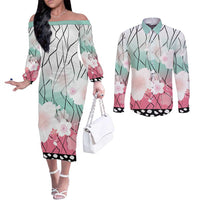 Japanese Kocho Pattern Couples Matching Off The Shoulder Long Sleeve Dress and Long Sleeve Button Shirt Insect Pillar Butterfly Flower Fairy - Wonder Print Shop