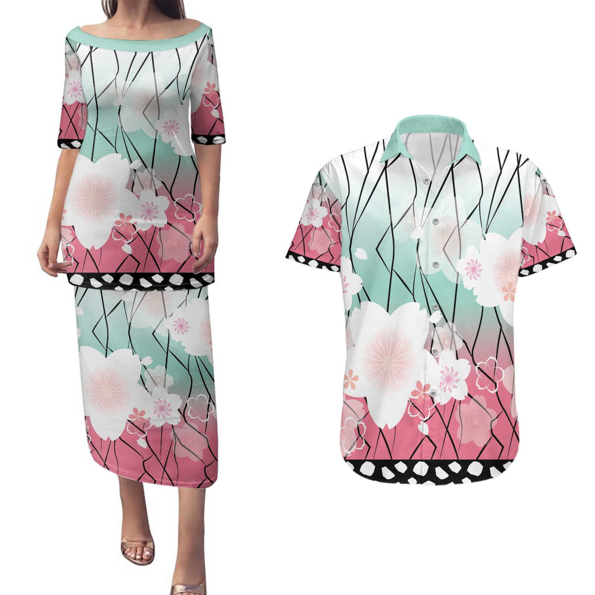 Japanese Kocho Pattern Couples Matching Puletasi and Hawaiian Shirt Insect Pillar Butterfly Flower Fairy - Wonder Print Shop