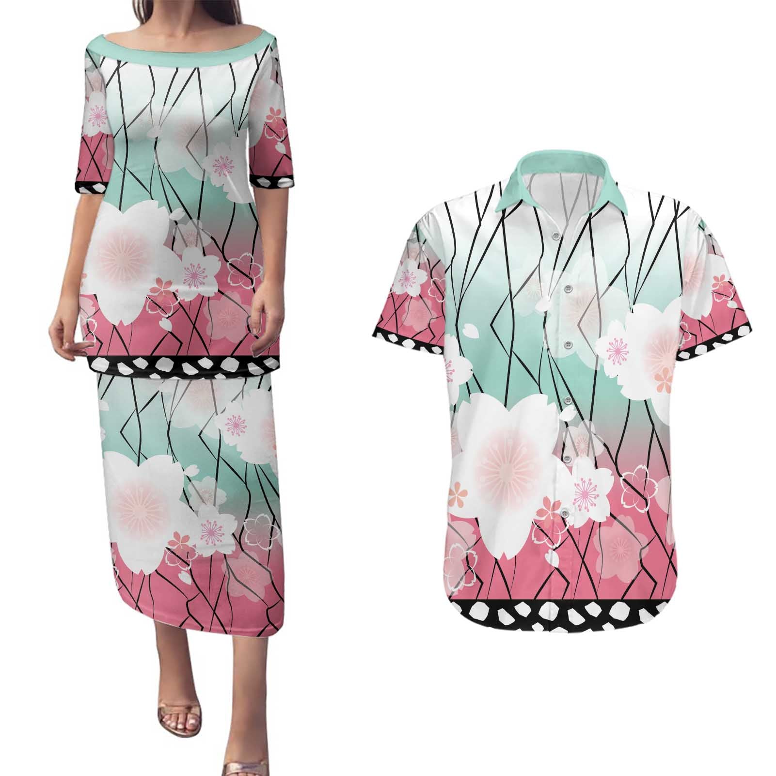 Japanese Kocho Pattern Couples Matching Puletasi and Hawaiian Shirt Insect Pillar Butterfly Flower Fairy - Wonder Print Shop