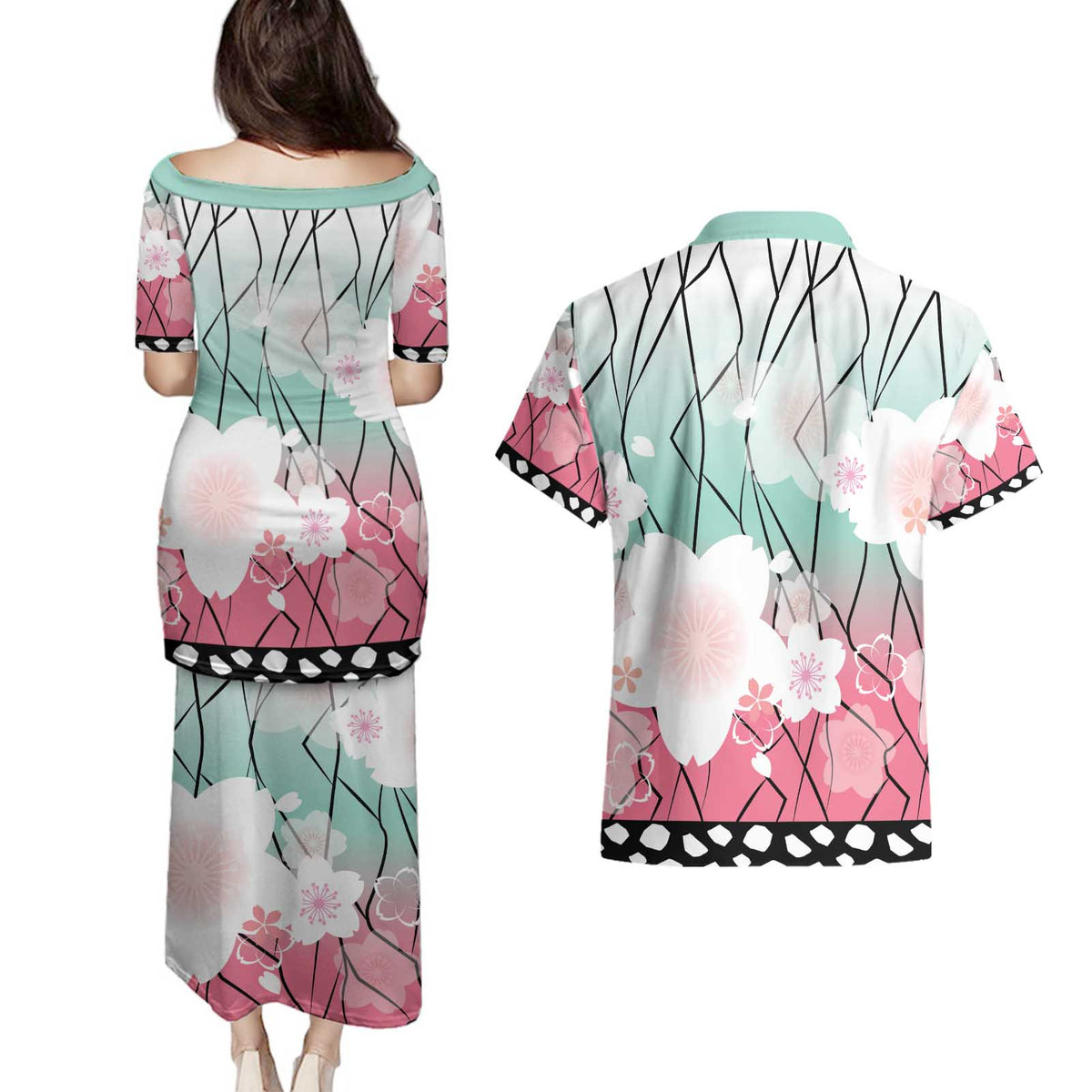 Japanese Kocho Pattern Couples Matching Puletasi and Hawaiian Shirt Insect Pillar Butterfly Flower Fairy - Wonder Print Shop