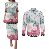 Japanese Kocho Pattern Couples Matching Puletasi and Long Sleeve Button Shirt Insect Pillar Butterfly Flower Fairy - Wonder Print Shop