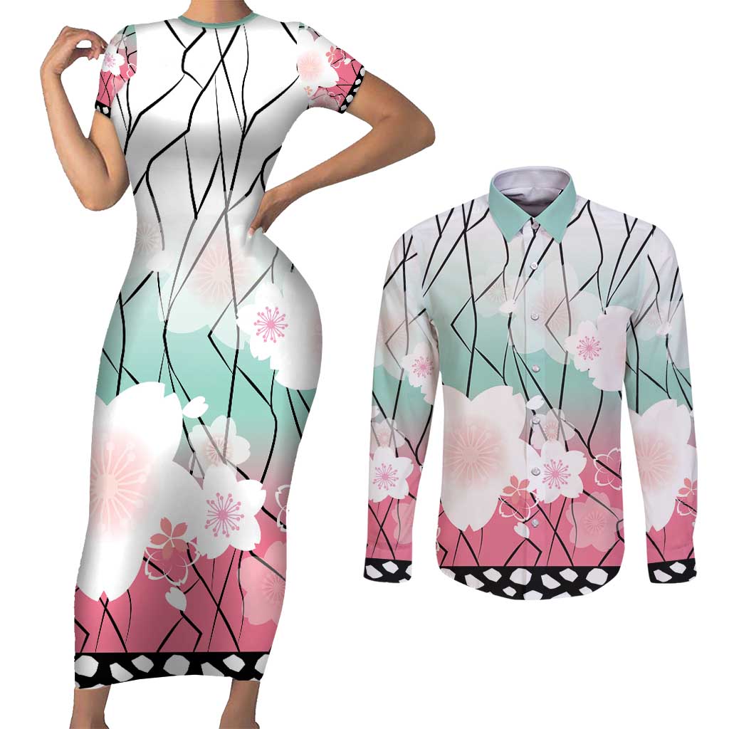 Japanese Kocho Pattern Couples Matching Short Sleeve Bodycon Dress and Long Sleeve Button Shirt Insect Pillar Butterfly Flower Fairy - Wonder Print Shop
