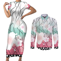 Japanese Kocho Pattern Couples Matching Short Sleeve Bodycon Dress and Long Sleeve Button Shirt Insect Pillar Butterfly Flower Fairy - Wonder Print Shop