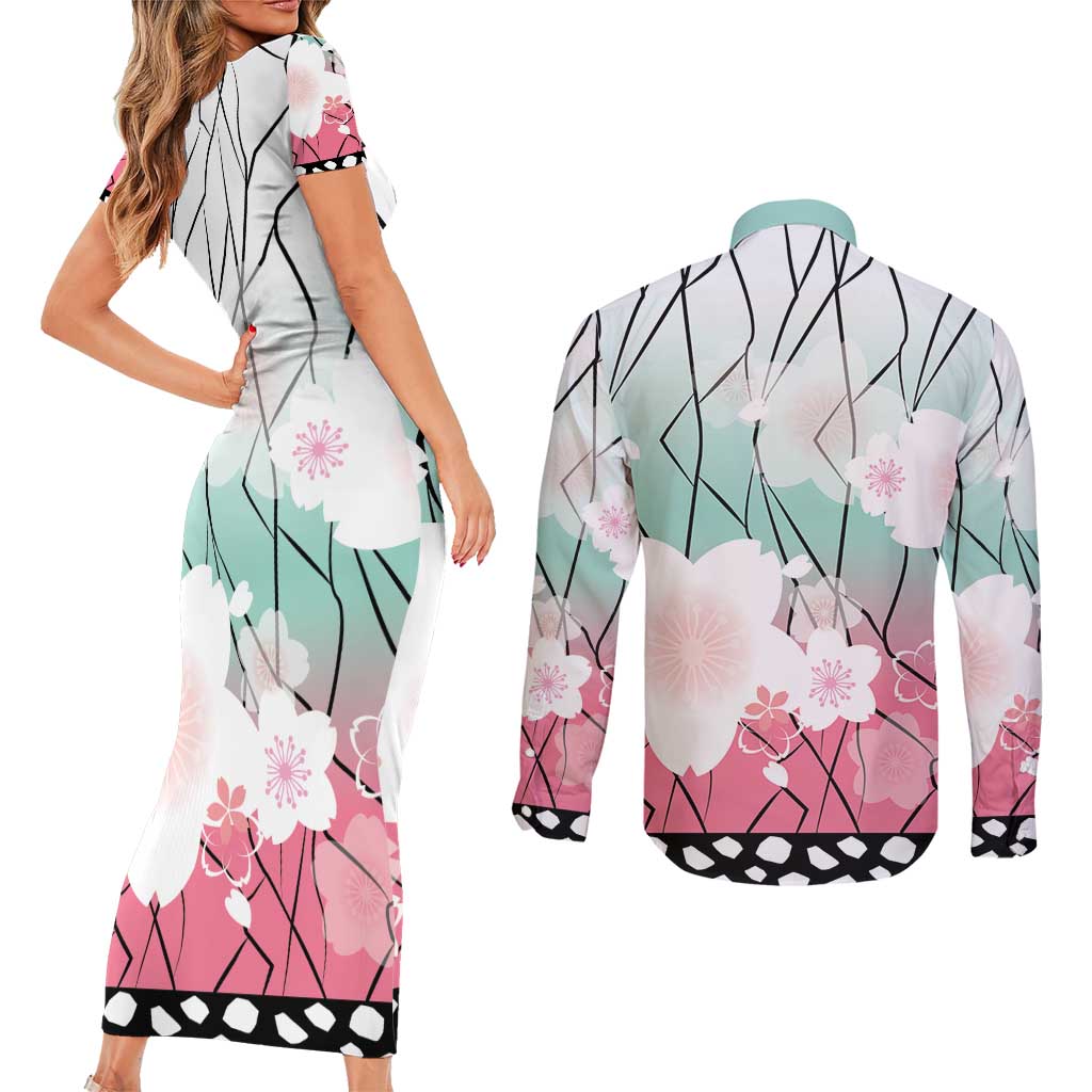 Japanese Kocho Pattern Couples Matching Short Sleeve Bodycon Dress and Long Sleeve Button Shirt Insect Pillar Butterfly Flower Fairy - Wonder Print Shop