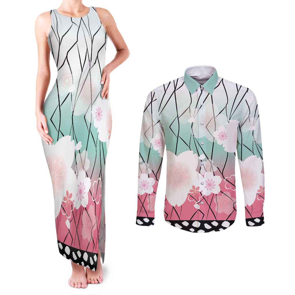 Japanese Kocho Pattern Couples Matching Tank Maxi Dress and Long Sleeve Button Shirt Insect Pillar Butterfly Flower Fairy - Wonder Print Shop