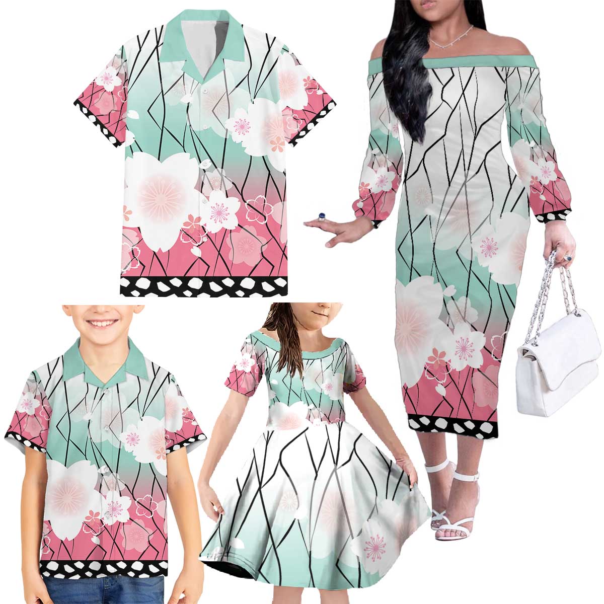 Japanese Kocho Pattern Family Matching Off The Shoulder Long Sleeve Dress and Hawaiian Shirt Insect Pillar Butterfly Flower Fairy - Wonder Print Shop