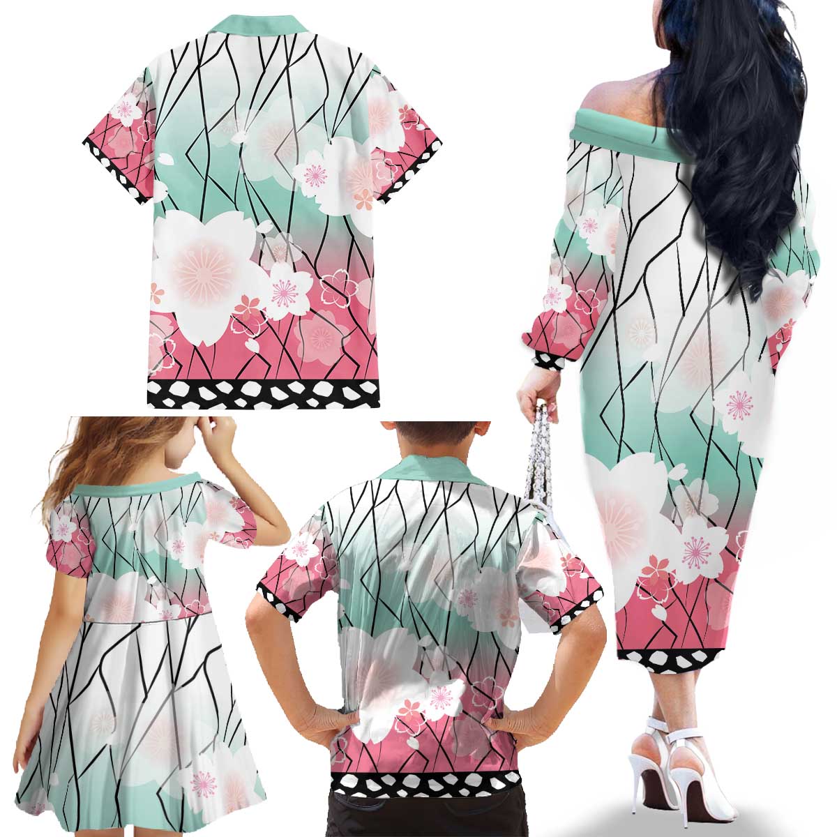 Japanese Kocho Pattern Family Matching Off The Shoulder Long Sleeve Dress and Hawaiian Shirt Insect Pillar Butterfly Flower Fairy - Wonder Print Shop