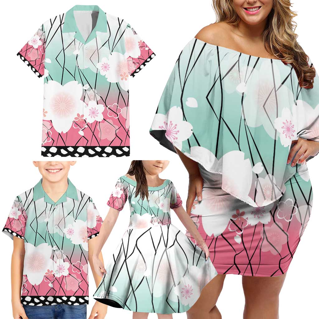 Japanese Kocho Pattern Family Matching Off Shoulder Short Dress and Hawaiian Shirt Insect Pillar Butterfly Flower Fairy - Wonder Print Shop