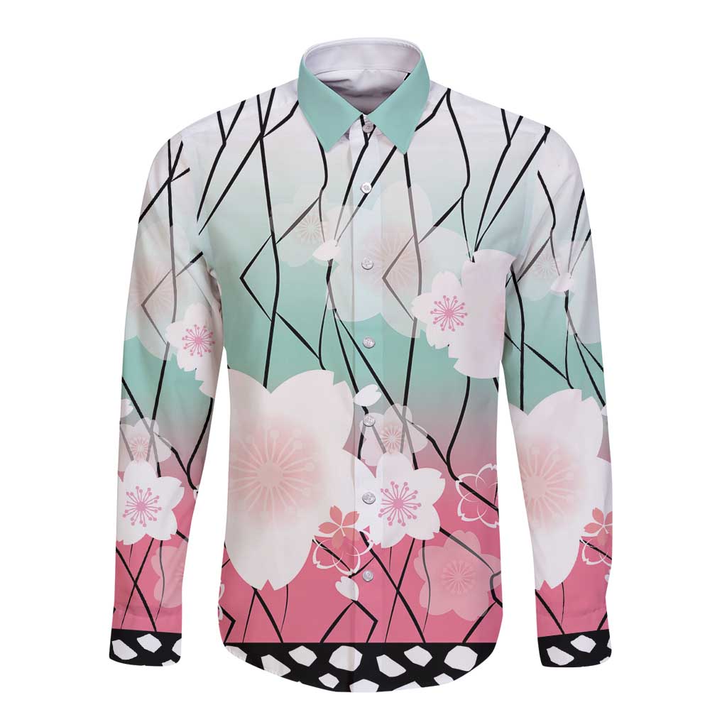 Japanese Kocho Pattern Long Sleeve Button Shirt Insect Pillar Butterfly Flower Fairy - Wonder Print Shop