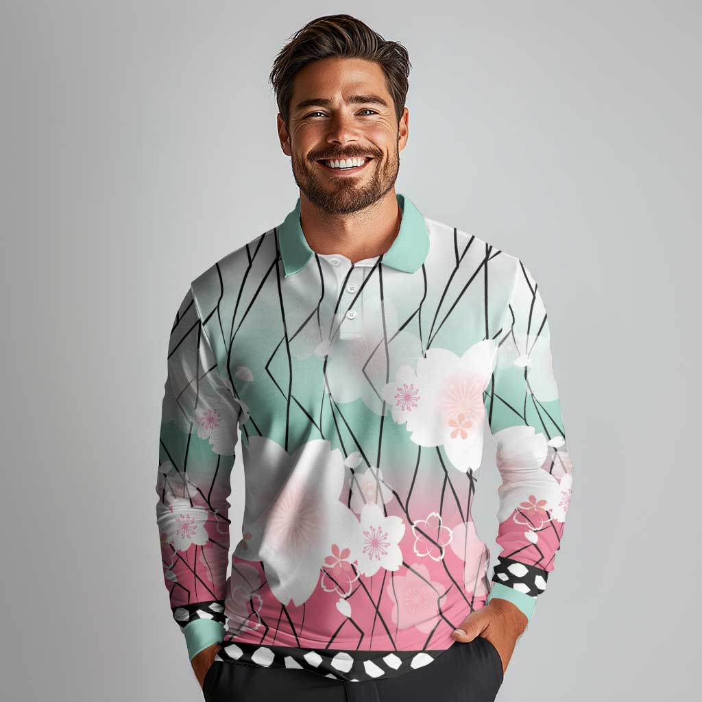 Japanese Kocho Pattern Long Sleeve Polo Shirt Insect Pillar Butterfly Flower Fairy - Wonder Print Shop