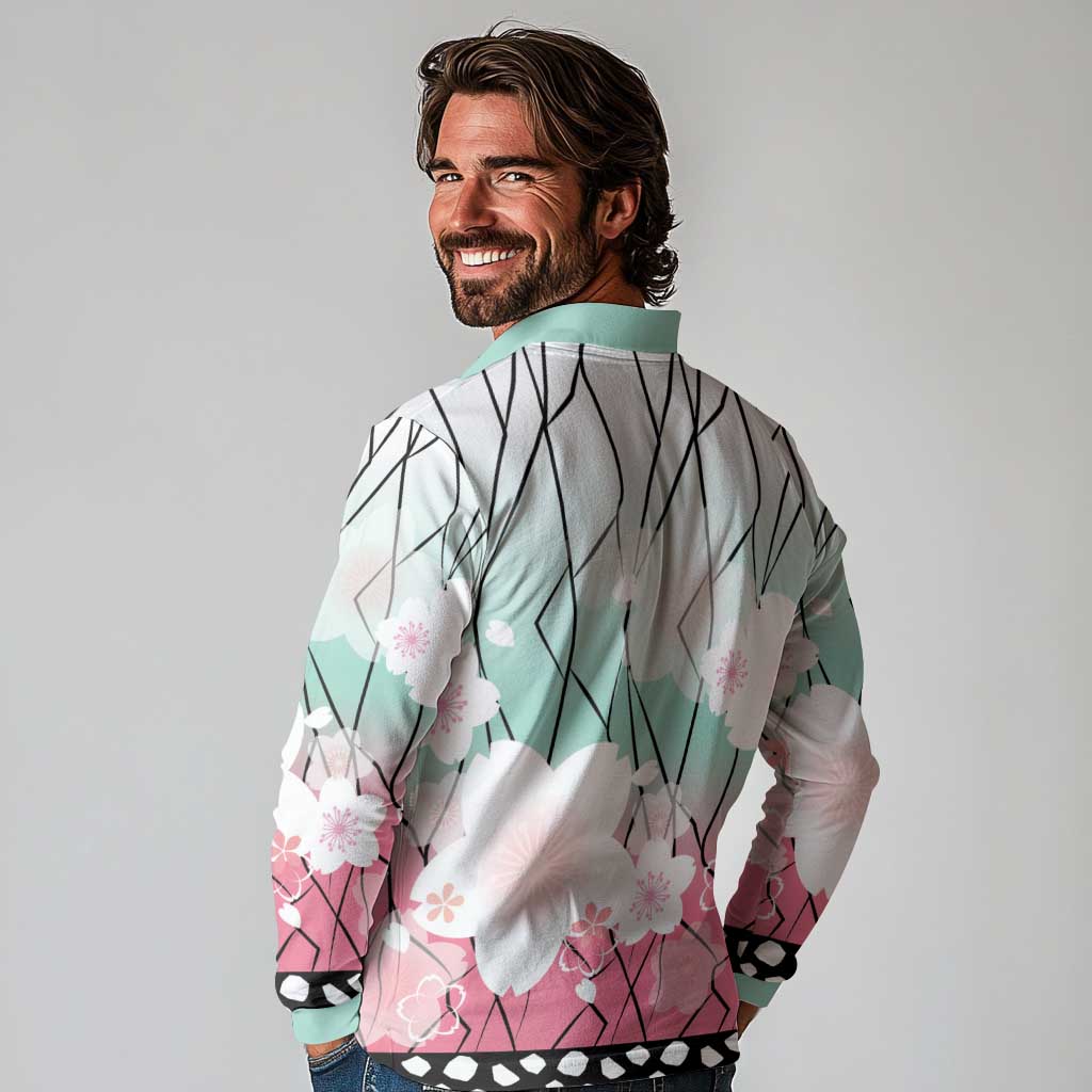 Japanese Kocho Pattern Long Sleeve Polo Shirt Insect Pillar Butterfly Flower Fairy - Wonder Print Shop