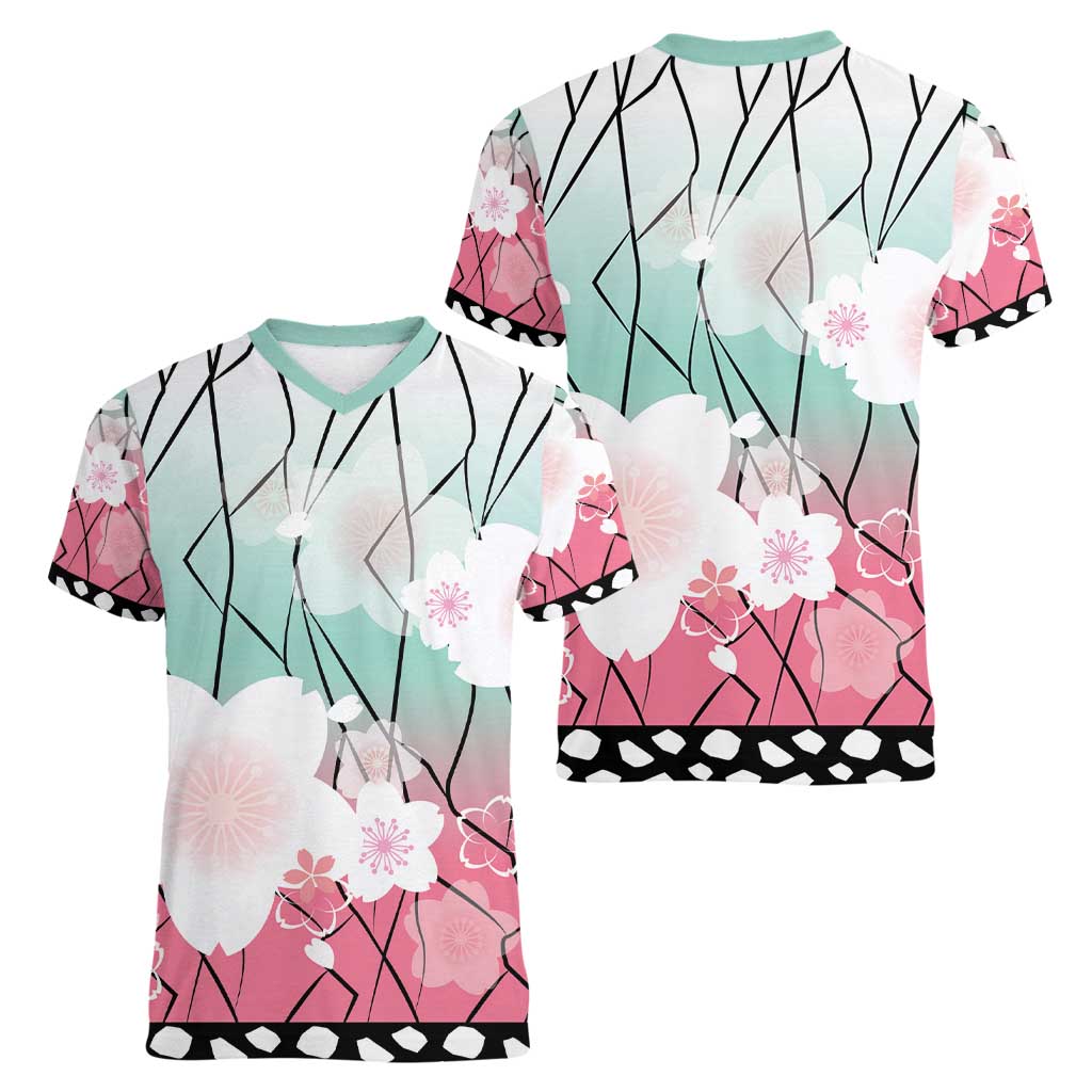 Japanese Kocho Pattern Women V-Neck T-Shirt Insect Pillar Butterfly Flower Fairy - Wonder Print Shop