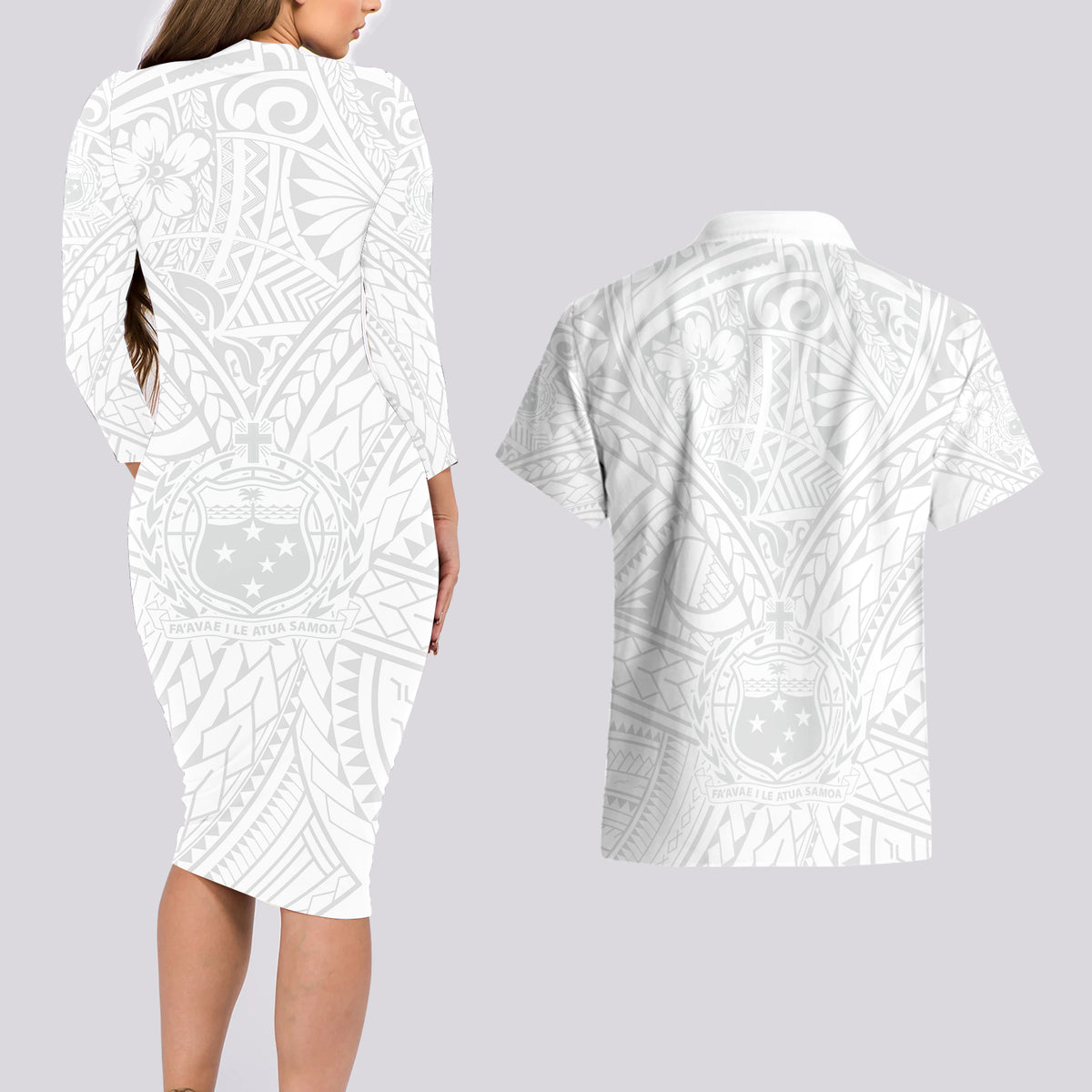 Samoa Lotu Tamaiti Couples Matching Long Sleeve Bodycon Dress and Hawaiian Shirt Polynesian White Sunday Simple LT9 - Wonder Print Shop