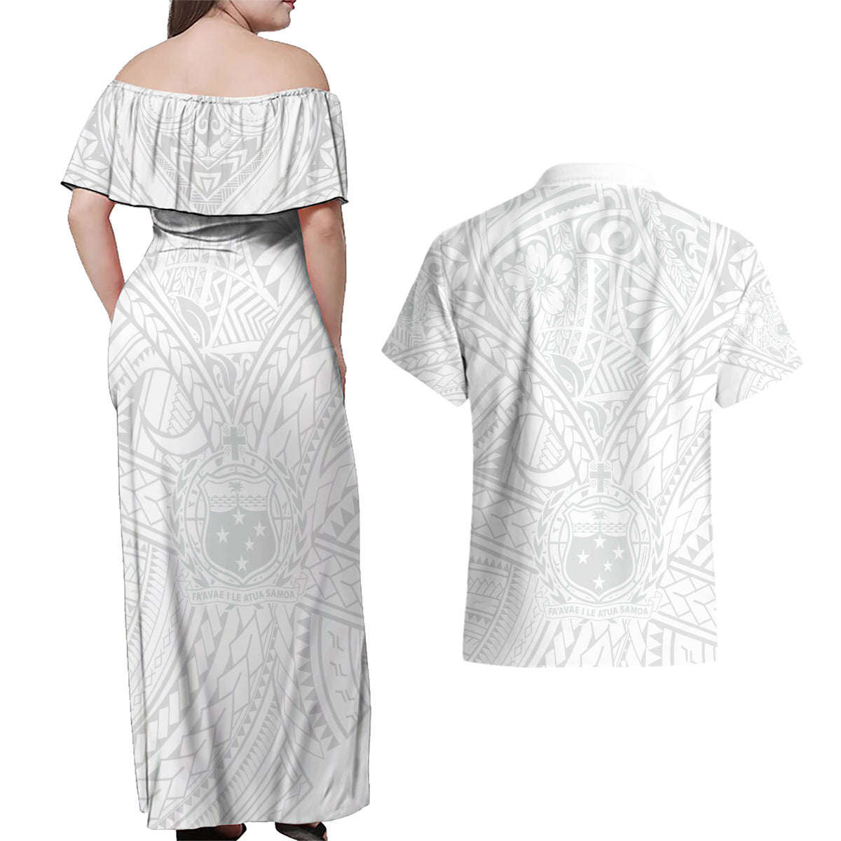 Samoa Lotu Tamaiti Couples Matching Off Shoulder Maxi Dress and Hawaiian Shirt Polynesian White Sunday Simple LT9 - Wonder Print Shop