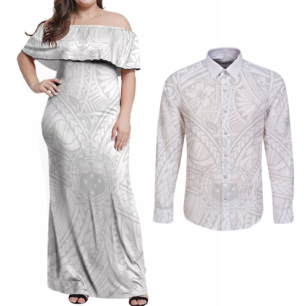 Samoa Lotu Tamaiti Couples Matching Off Shoulder Maxi Dress and Long Sleeve Button Shirts Polynesian White Sunday Simple LT9 - Wonder Print Shop