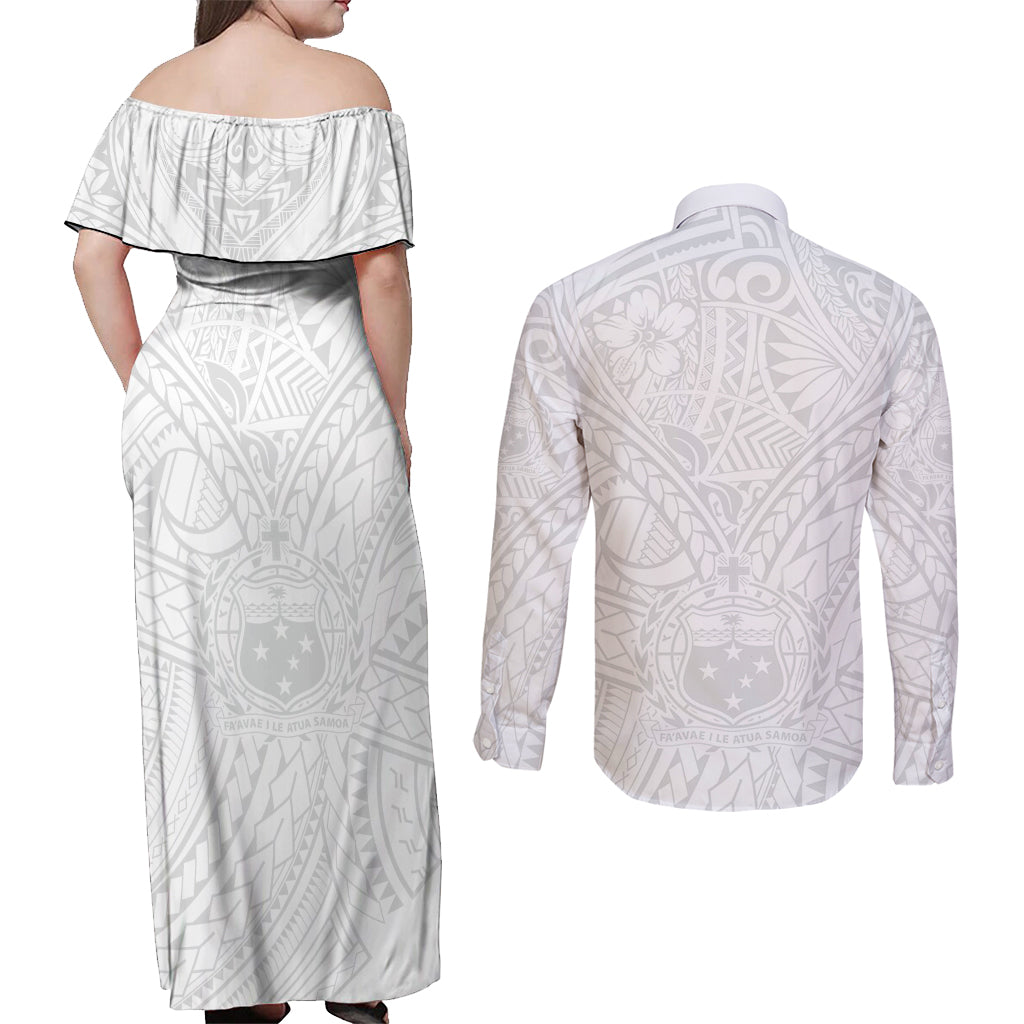 Samoa Lotu Tamaiti Couples Matching Off Shoulder Maxi Dress and Long Sleeve Button Shirts Polynesian White Sunday Simple LT9 - Wonder Print Shop