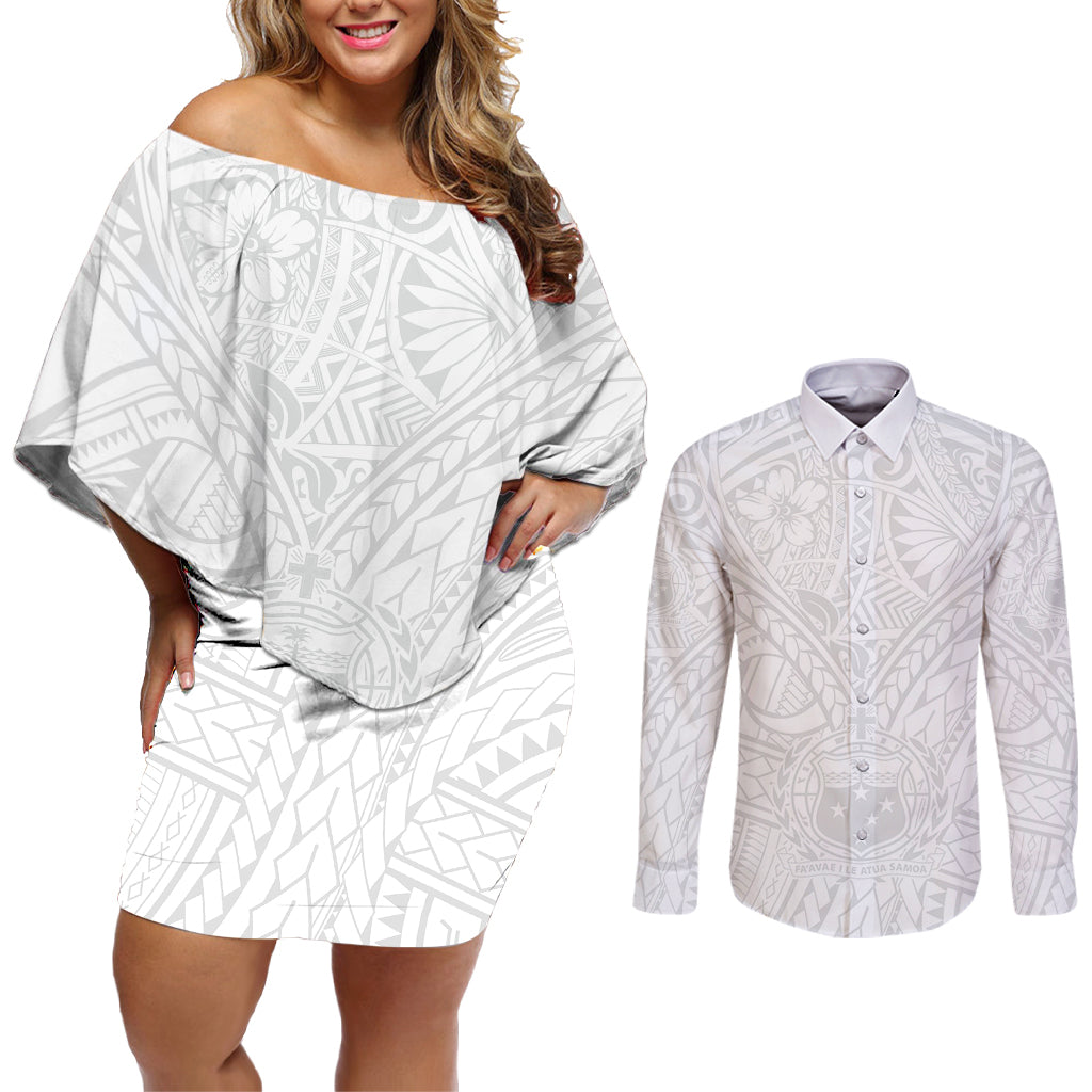 Samoa Lotu Tamaiti Couples Matching Off Shoulder Short Dress and Long Sleeve Button Shirts Polynesian White Sunday Simple LT9 - Wonder Print Shop