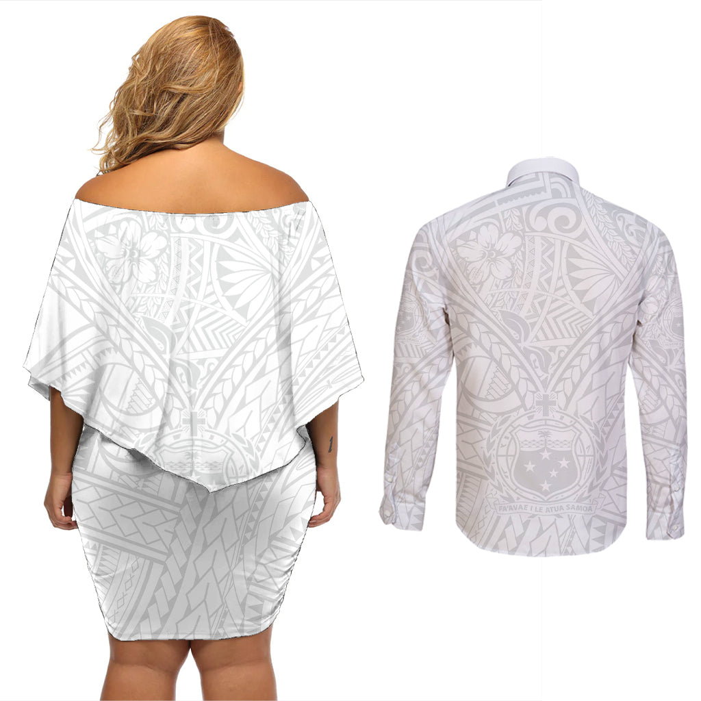 Samoa Lotu Tamaiti Couples Matching Off Shoulder Short Dress and Long Sleeve Button Shirts Polynesian White Sunday Simple LT9 - Wonder Print Shop