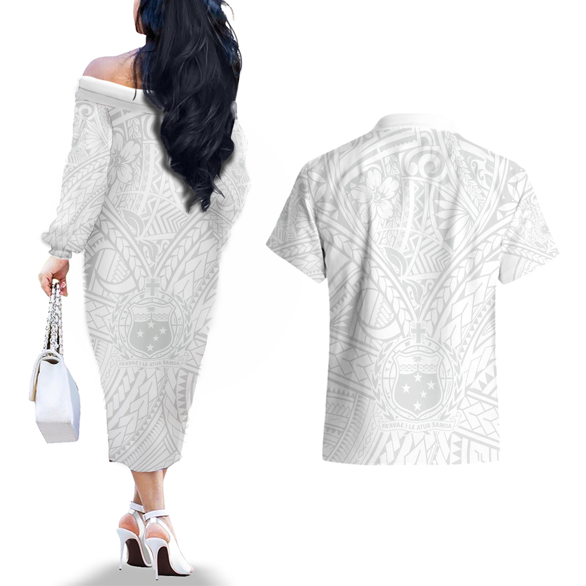Samoa Lotu Tamaiti Couples Matching Off The Shoulder Long Sleeve Dress and Hawaiian Shirt Polynesian White Sunday Simple LT9 - Wonder Print Shop