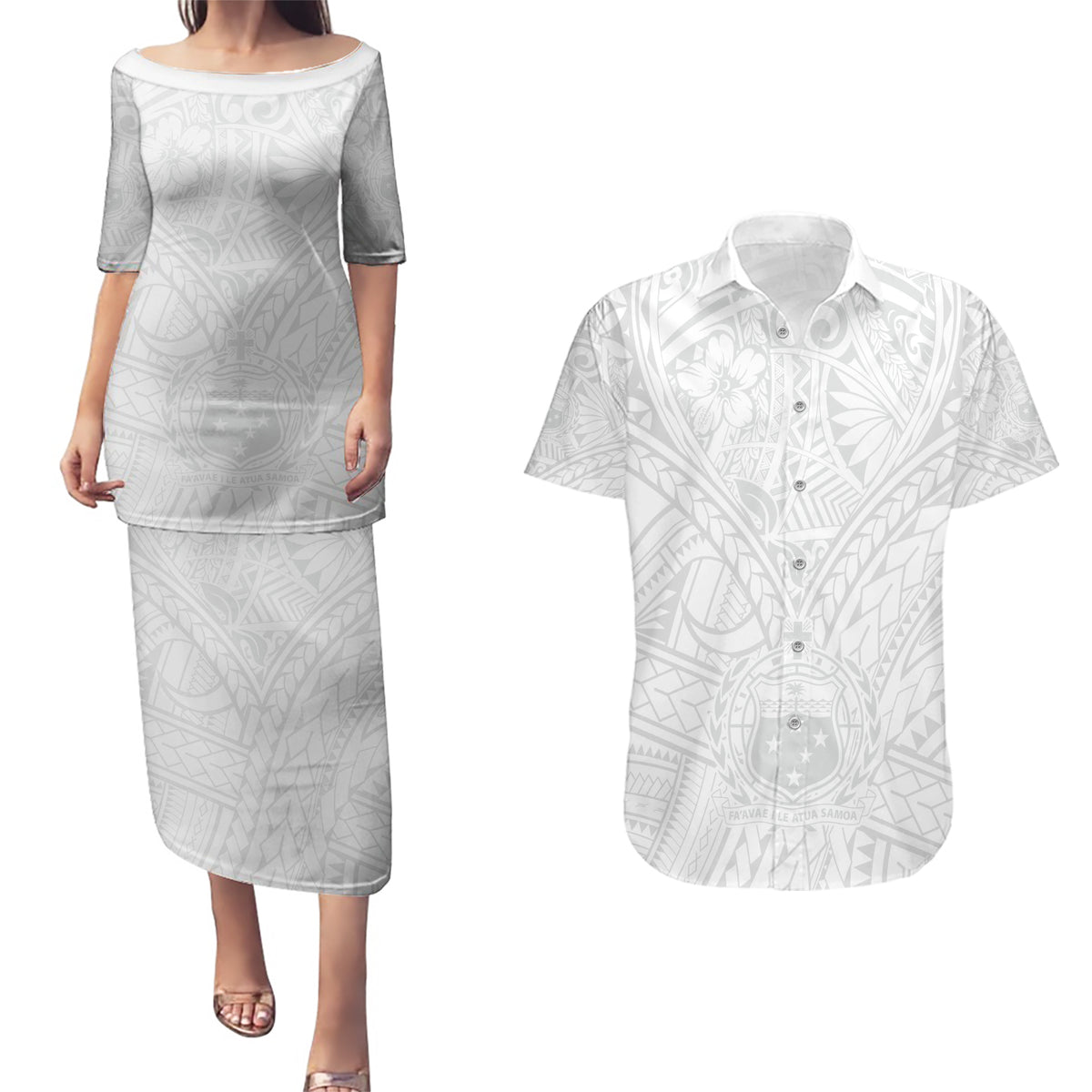 Samoa Lotu Tamaiti Couples Matching Puletasi Dress and Hawaiian Shirt Polynesian White Sunday Simple LT9 - Wonder Print Shop