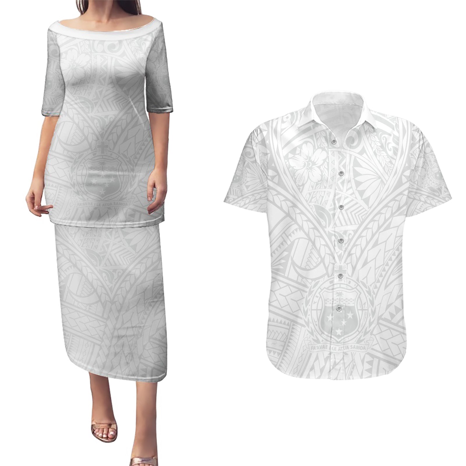 Samoa Lotu Tamaiti Couples Matching Puletasi Dress and Hawaiian Shirt Polynesian White Sunday Simple LT9 - Wonder Print Shop