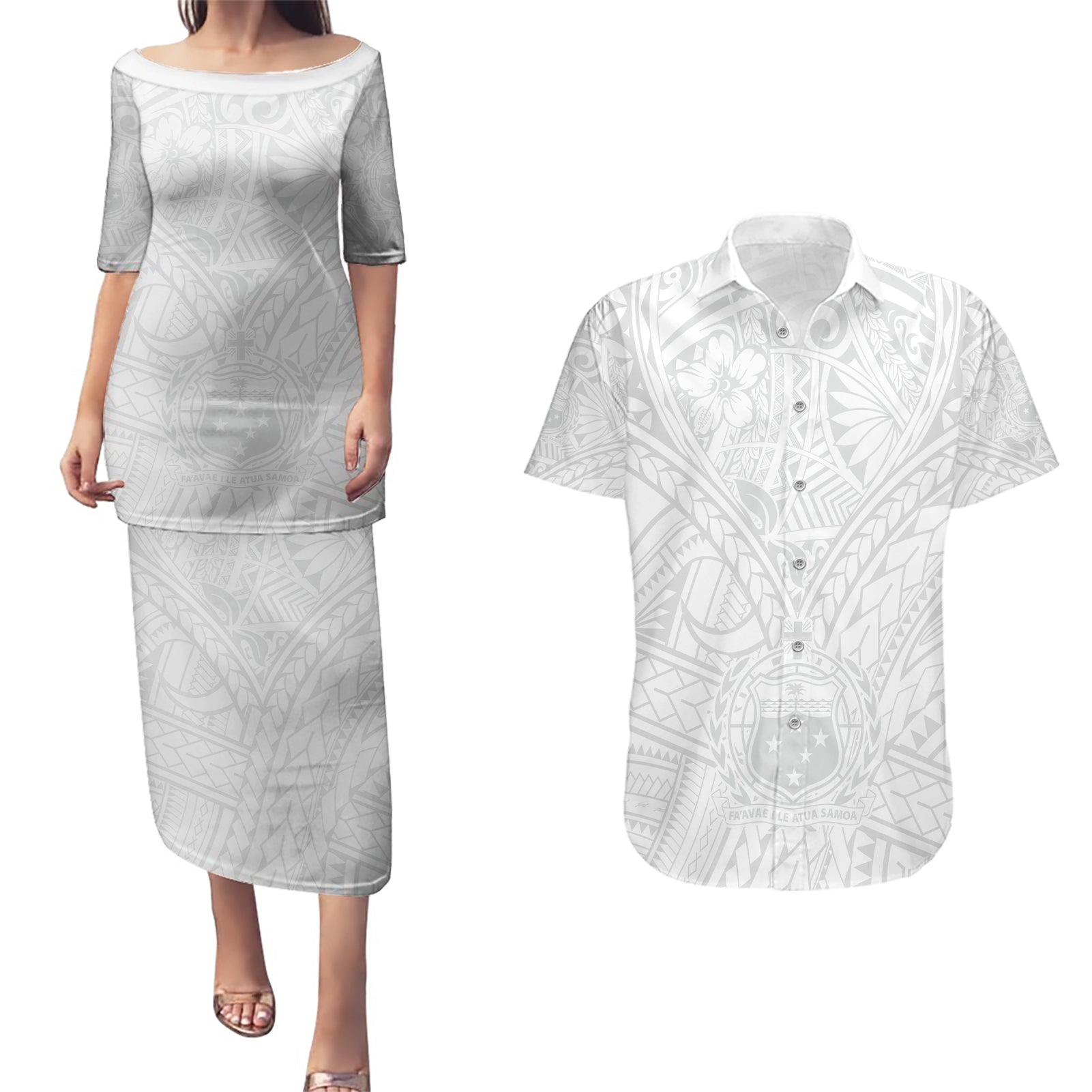Samoa Lotu Tamaiti Couples Matching Puletasi Dress and Hawaiian Shirt Polynesian White Sunday Simple LT9 - Wonder Print Shop
