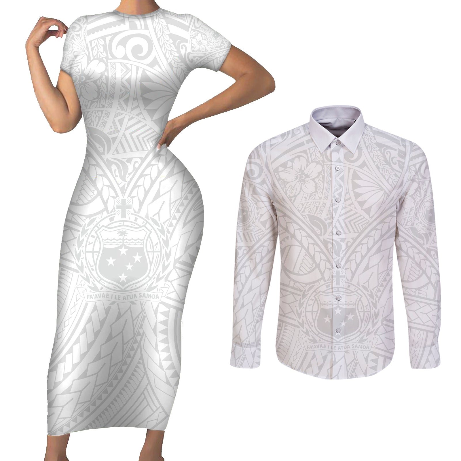 Samoa Lotu Tamaiti Couples Matching Short Sleeve Bodycon Dress and Long Sleeve Button Shirts Polynesian White Sunday Simple LT9 - Wonder Print Shop