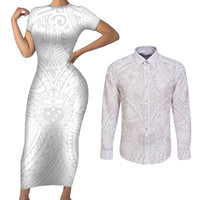 Samoa Lotu Tamaiti Couples Matching Short Sleeve Bodycon Dress and Long Sleeve Button Shirts Polynesian White Sunday Simple LT9 - Wonder Print Shop