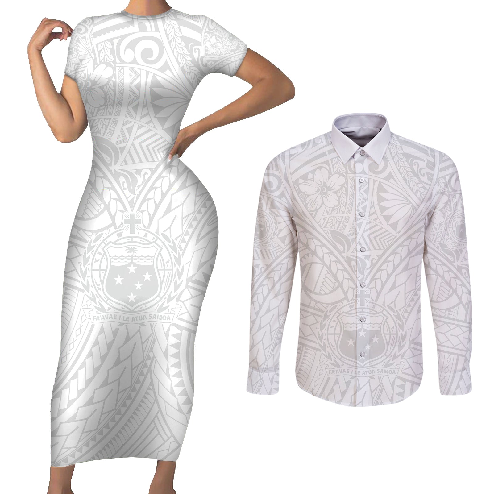 Samoa Lotu Tamaiti Couples Matching Short Sleeve Bodycon Dress and Long Sleeve Button Shirts Polynesian White Sunday Simple LT9 - Wonder Print Shop
