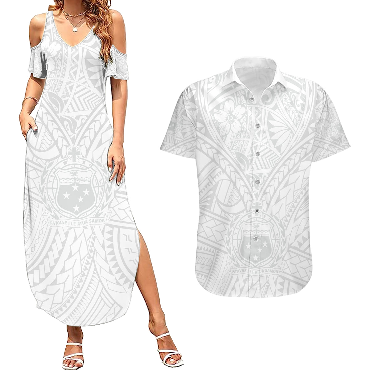 Samoa Lotu Tamaiti Couples Matching Summer Maxi Dress and Hawaiian Shirt Polynesian White Sunday Simple LT9 - Wonder Print Shop