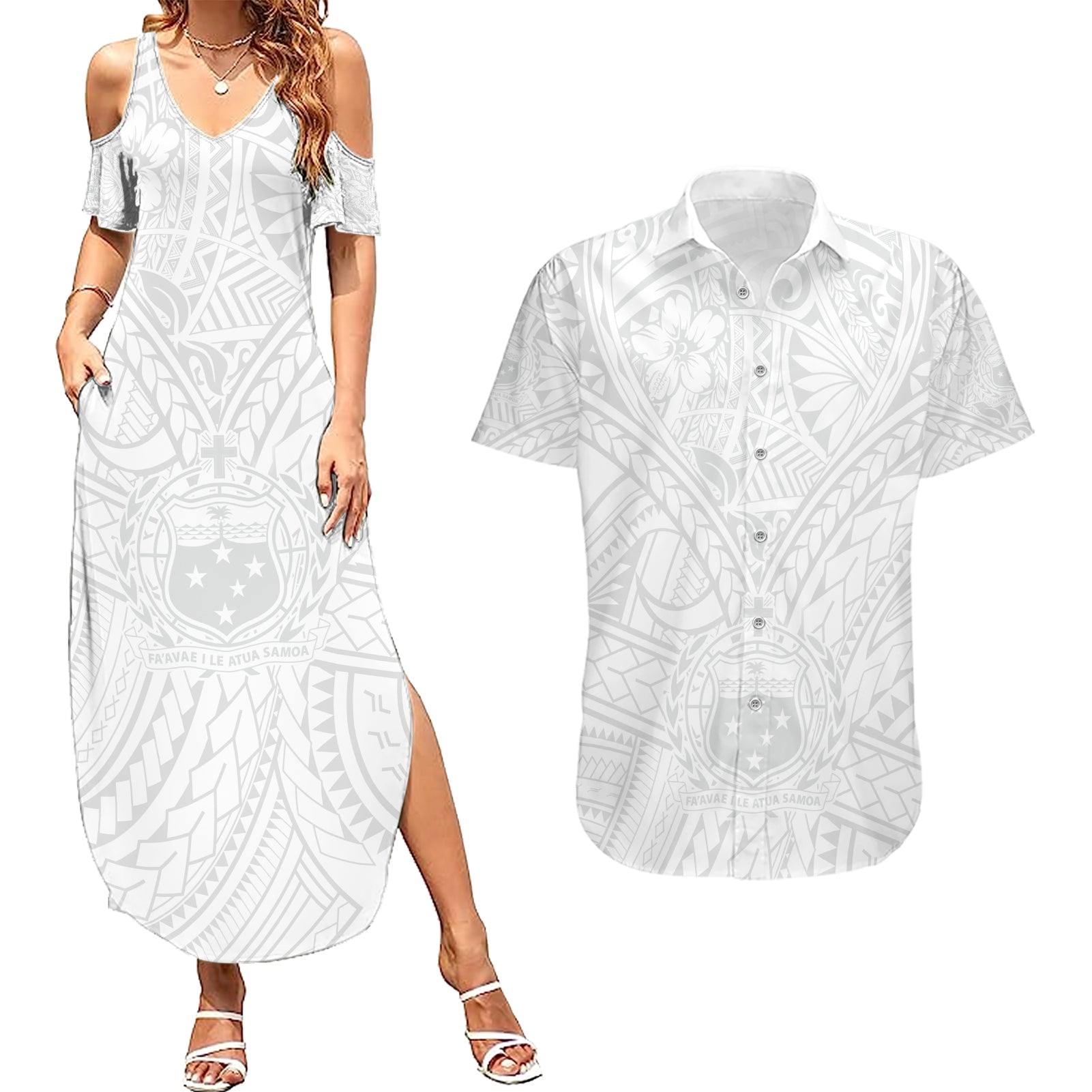 Samoa Lotu Tamaiti Couples Matching Summer Maxi Dress and Hawaiian Shirt Polynesian White Sunday Simple LT9 - Wonder Print Shop